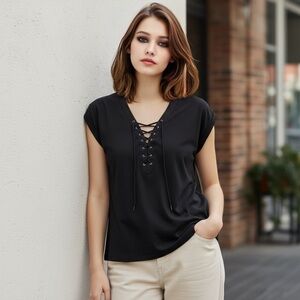 ROCK & REPUBLIC S Black Knit Shirt Laces Detail R $39